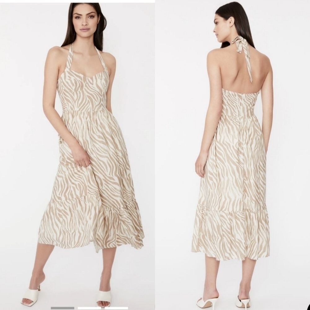 Bardot Nala Midi Dress In Beige Tiger Linen NWT Size XL/10